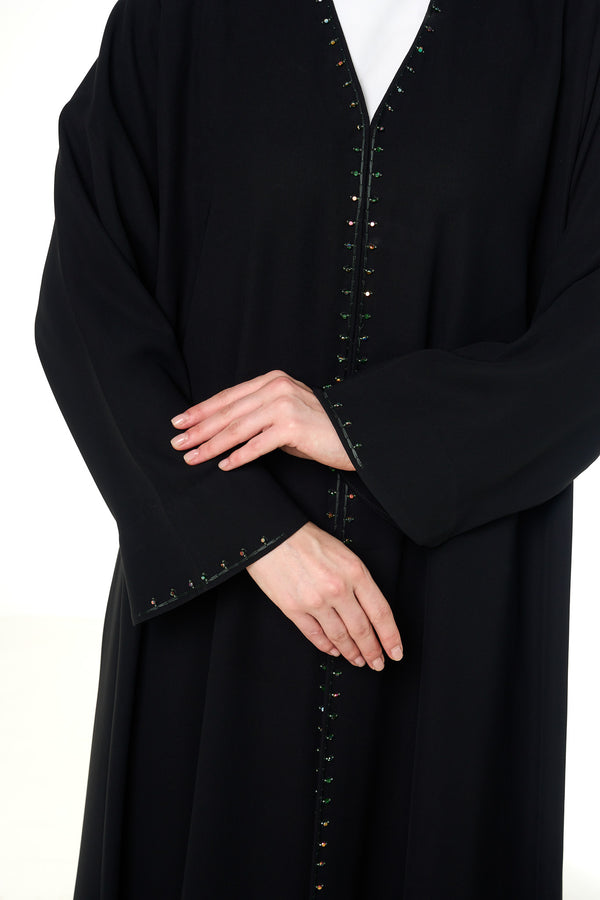 Black Wave Crepe Custom Abaya, Front Beadwork