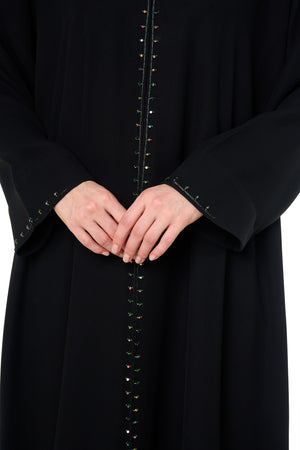Black Wave Crepe Custom Abaya, Front Beadwork