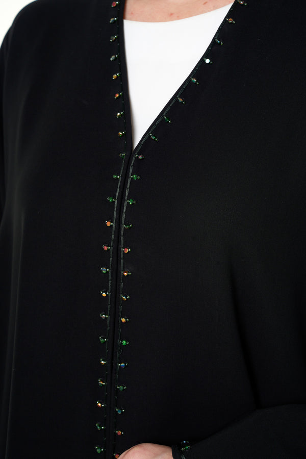 Black Wave Crepe Custom Abaya, Front Beadwork