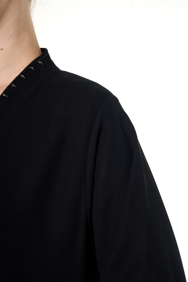 Black Wave Crepe Custom Abaya, Front Beadwork