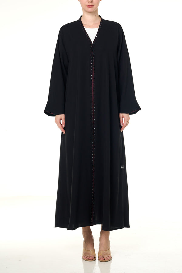 Black Wave Crepe Custom Abaya, Front Beadwork