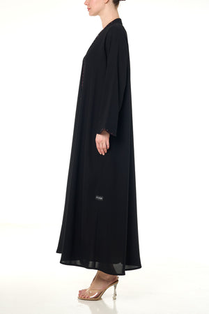 Black Wave Crepe Custom Abaya, Front Beadwork