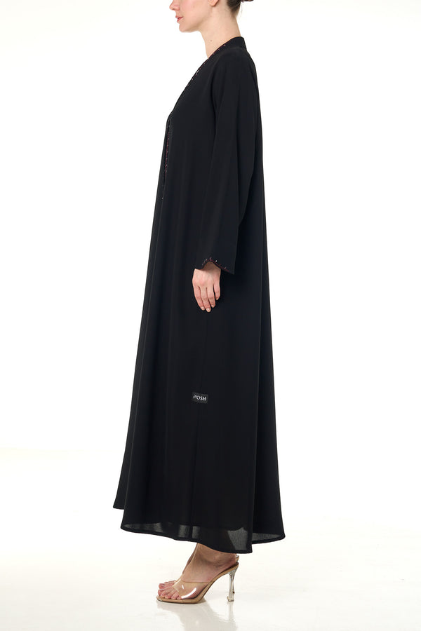 Black Wave Crepe Custom Abaya, Front Beadwork
