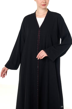 Black Wave Crepe Abaya, Front Beadwork