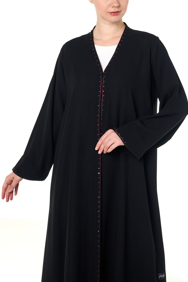 Black Wave Crepe Custom Abaya, Front Beadwork