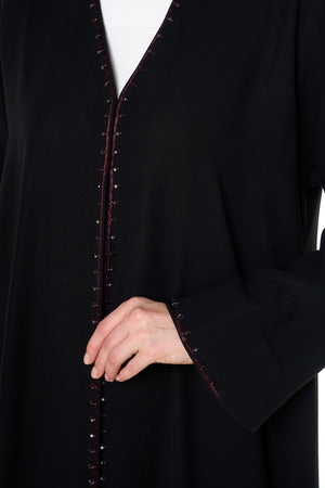 Black Wave Crepe Custom Abaya, Front Beadwork