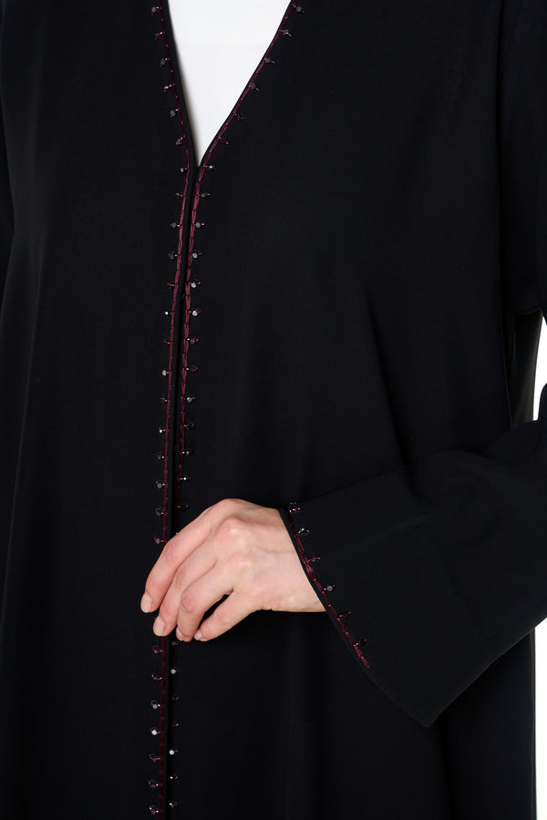 Black Wave Crepe Custom Abaya, Front Beadwork