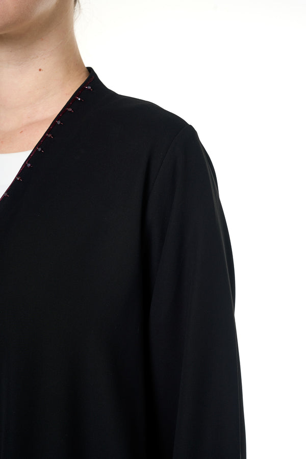 Black Wave Crepe Custom Abaya, Front Beadwork