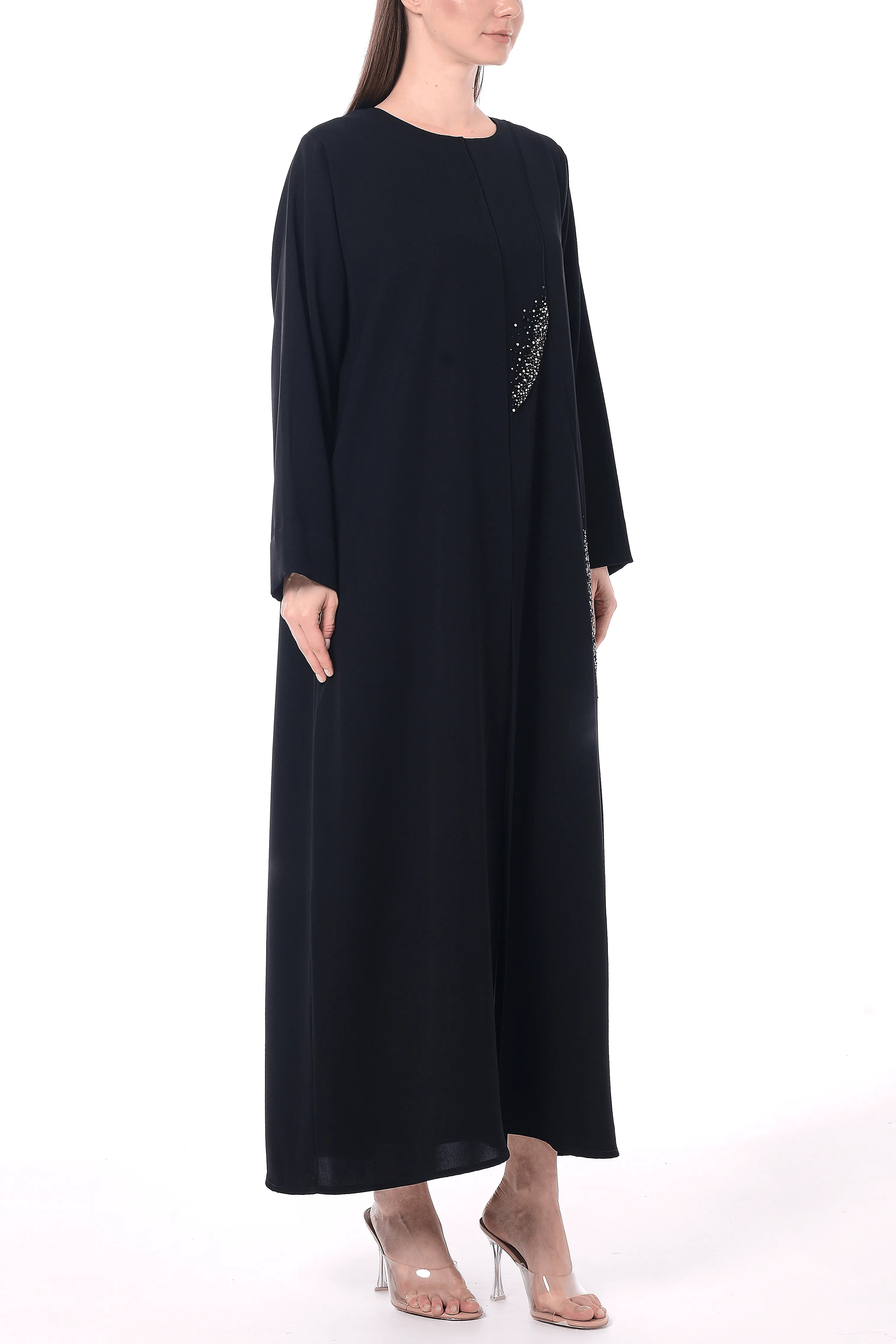 Black Layan Crepe Abaya with Crystal Bead Embellishments - Posh Abaya