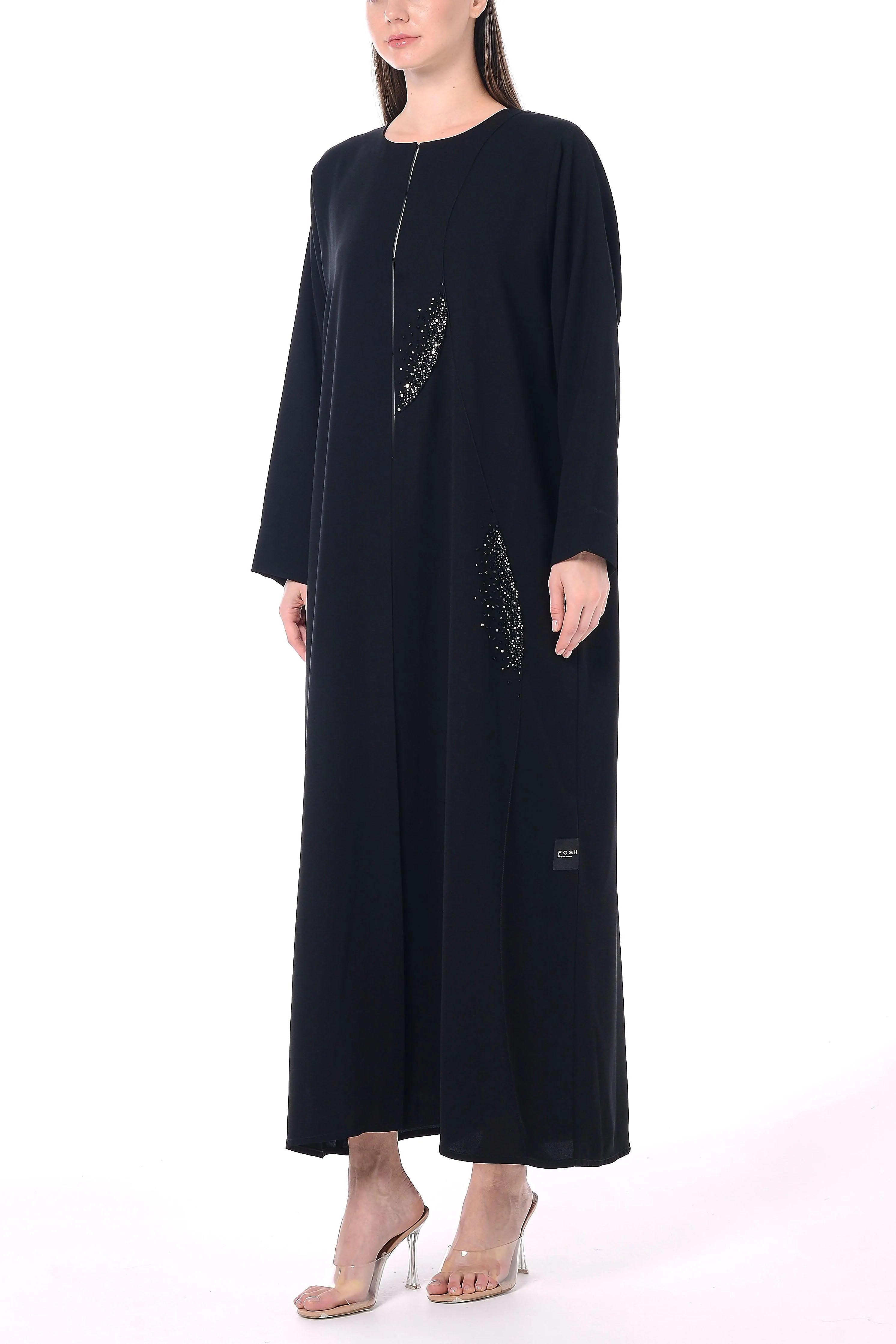 Black Layan Crepe Abaya with Crystal Bead Embellishments - Posh Abaya