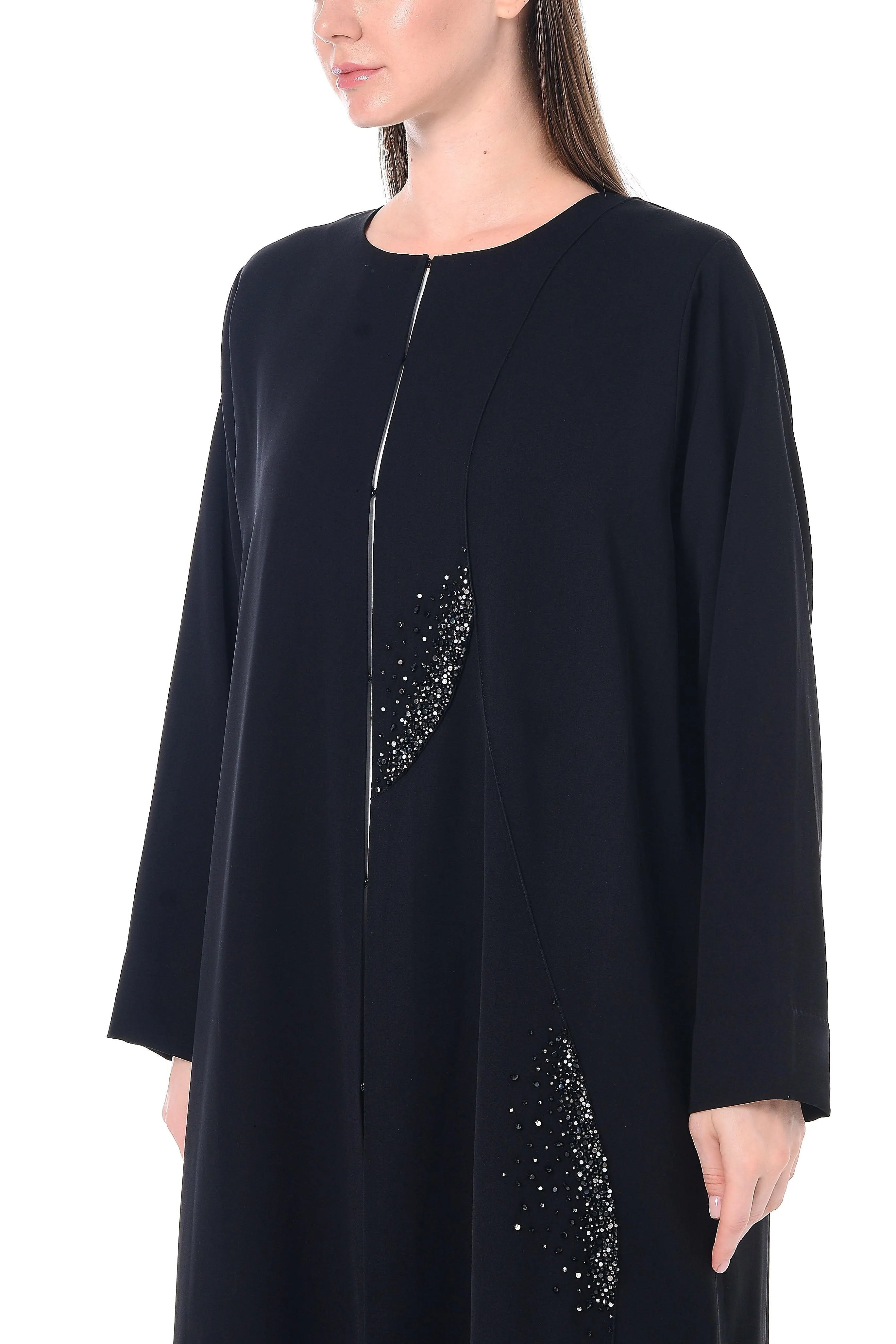 Black Layan Crepe Abaya with Crystal Bead Embellishments - Posh Abaya