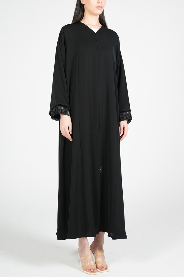 Black Mario Crepe Custom Abaya with Double Layer Sleeves and Contemporary Beadwork