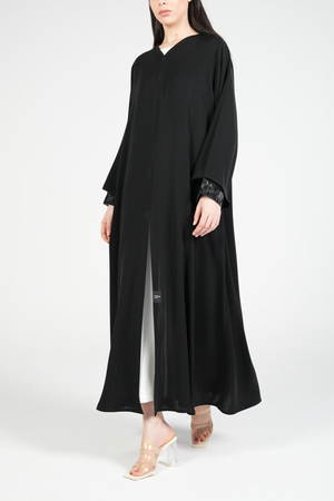 Black Mario Crepe Custom Abaya with Double Layer Sleeves and Contemporary Beadwork