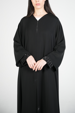 Black Mario Crepe Custom Abaya with Double Layer Sleeves and Contemporary Beadwork