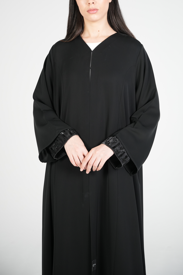 Black Mario Crepe Custom Abaya with Double Layer Sleeves and Contemporary Beadwork