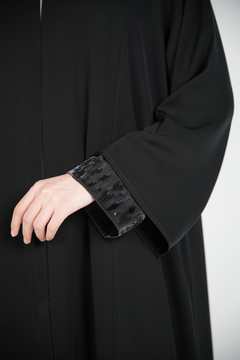 Black Mario Crepe Custom Abaya with Double Layer Sleeves and Contemporary Beadwork