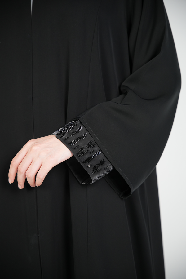 Black Mario Crepe Custom Abaya with Double Layer Sleeves and Contemporary Beadwork