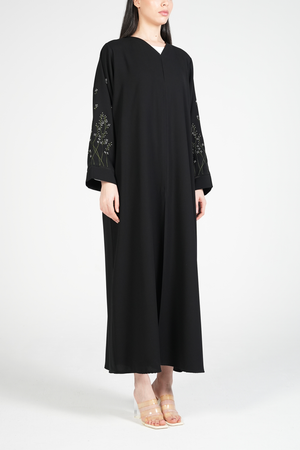 Black Maya Crepe Custom Abaya with Floral Threadwork on Sleeves