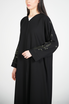 Black Maya Crepe Custom Abaya with Floral Threadwork on Sleeves
