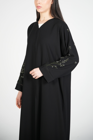 Black Maya Crepe Custom Abaya with Floral Threadwork on Sleeves