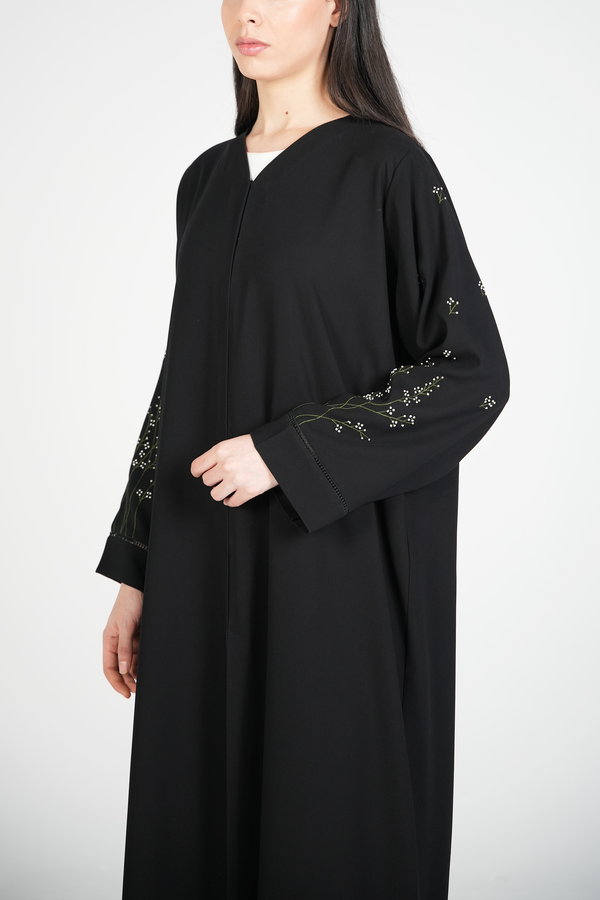Black Maya Crepe Custom Abaya with Floral Threadwork on Sleeves