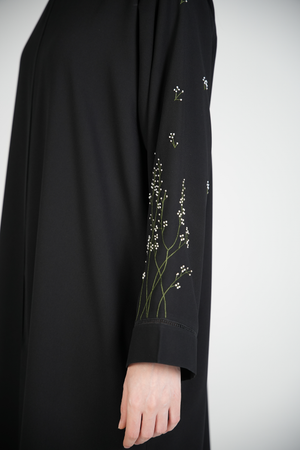 Black Maya Crepe Custom Abaya with Floral Threadwork on Sleeves