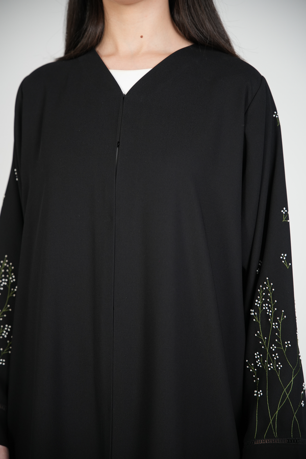 Black Maya Crepe Custom Abaya with Floral Threadwork on Sleeves