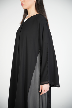 Black Malika Chiffon Custom Abaya with Black & Brown Beadwork on Side and Sleeves