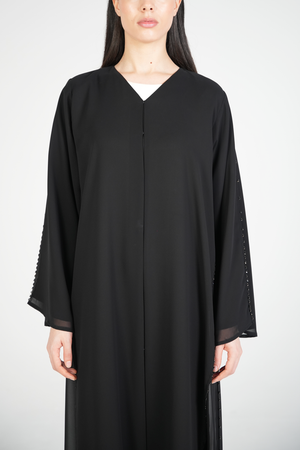 Black Malika Chiffon Custom Abaya with Black & Brown Beadwork on Side and Sleeves