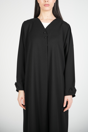 Black Nova Crepe Abaya with Appliqué Bow Details on Sleeves - Posh Abaya