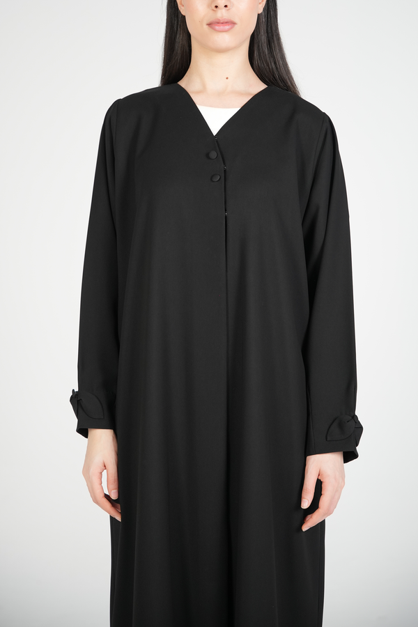 Black Nova Crepe Abaya with Appliqué Bow Details on Sleeves - Posh Abaya