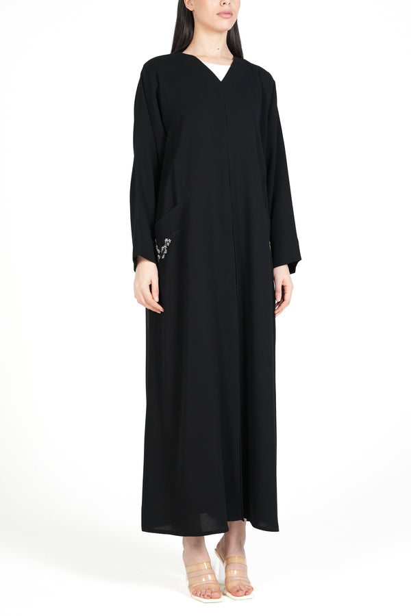 Black Wave Crepe Custom Abaya with Front Embroidery
