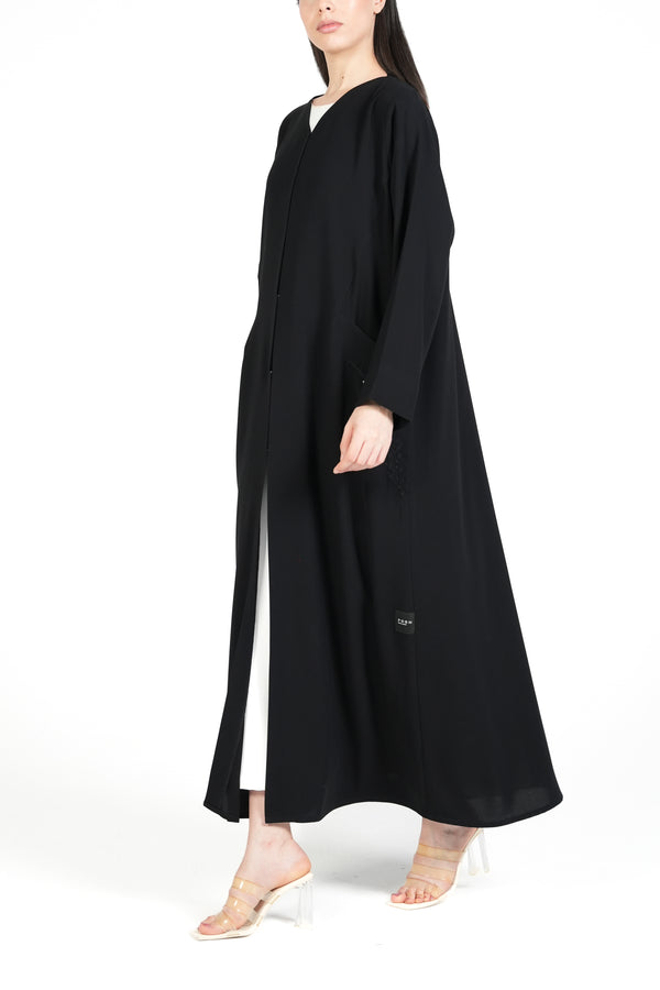 Black Wave Crepe Custom Abaya with Front Embroidery