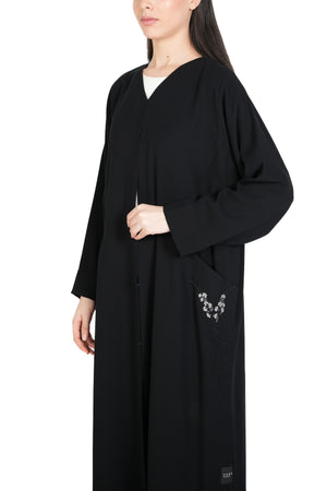 Black Wave Crepe Custom Abaya with Front Embroidery