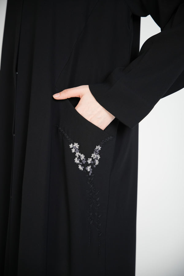 Black Wave Crepe Custom Abaya with Front Embroidery