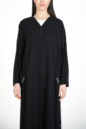 Black Wave Crepe Custom Abaya with Front Embroidery