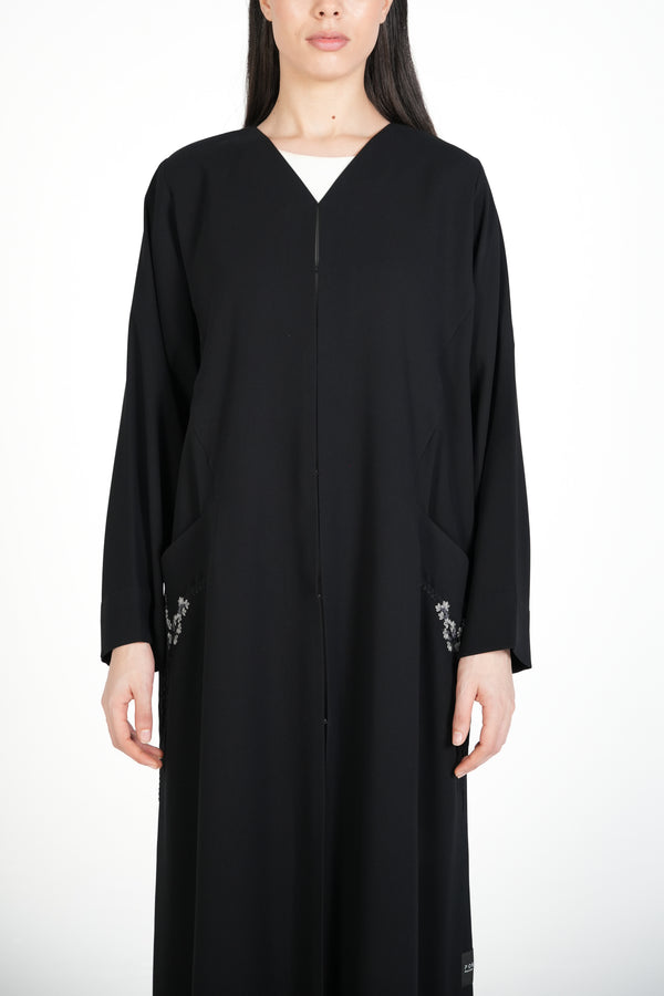 Black Wave Crepe Custom Abaya with Front Embroidery
