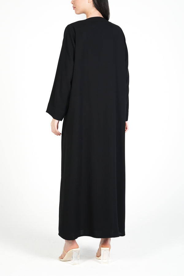 Black Wave Crepe Custom Abaya with Front Embroidery