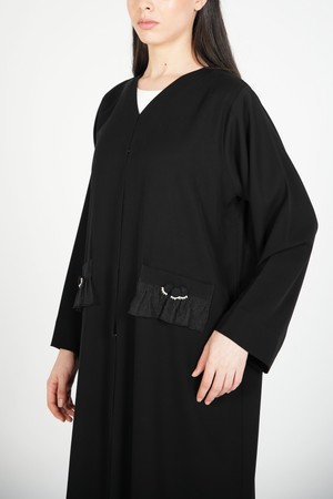 Black Aria Crepe Custom Abaya with Minimal Beadwork Detail on Buttons