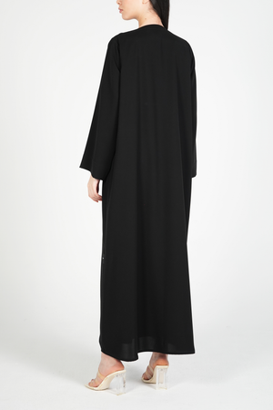 Black Aria Crepe Custom Abaya with Minimal Beadwork Detail on Buttons