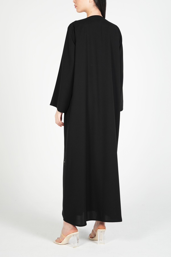 Black Aria Crepe Custom Abaya with Minimal Beadwork Detail on Buttons