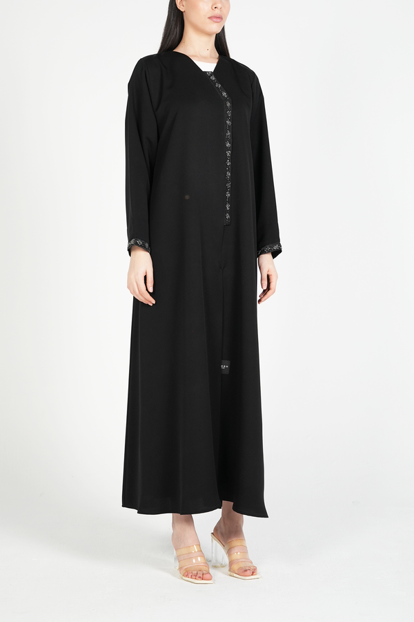 Black Emarati Crepe Custom Abaya with Overlap Design, Organza Patch, and Beadwork