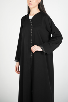 Black Emarati Crepe Custom Abaya with Overlap Design, Organza Patch, and Beadwork