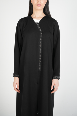 Black Emarati Crepe Custom Abaya with Overlap Design, Organza Patch, and Beadwork