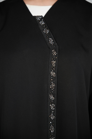 Black Emarati Crepe Custom Abaya with Overlap Design, Organza Patch, and Beadwork