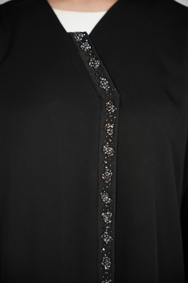 Black Emarati Crepe Custom Abaya with Overlap Design, Organza Patch, and Beadwork