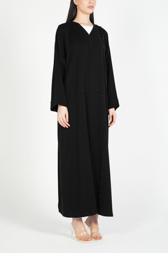Black Amara Crepe Custom Abaya with Self-Color Beadwork on Front and Sleeves