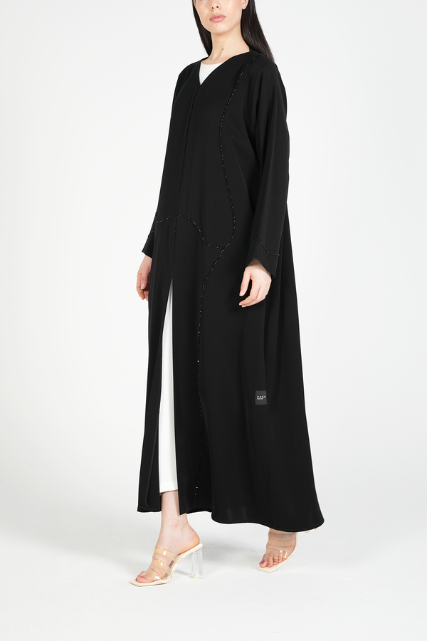 Black Amara Crepe Custom Abaya with Self-Color Beadwork on Front and Sleeves
