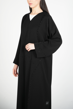Black Amara Crepe Custom Abaya with Self-Color Beadwork on Front and Sleeves