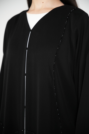 Black Amara Crepe Custom Abaya with Self-Color Beadwork on Front and Sleeves